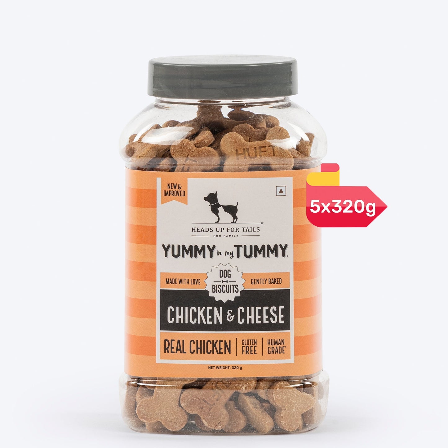Heads Up for Tails Yummy in my Tummy Chicken & Cheese dog biscuits, gluten-free, 5-pack of 320g jars