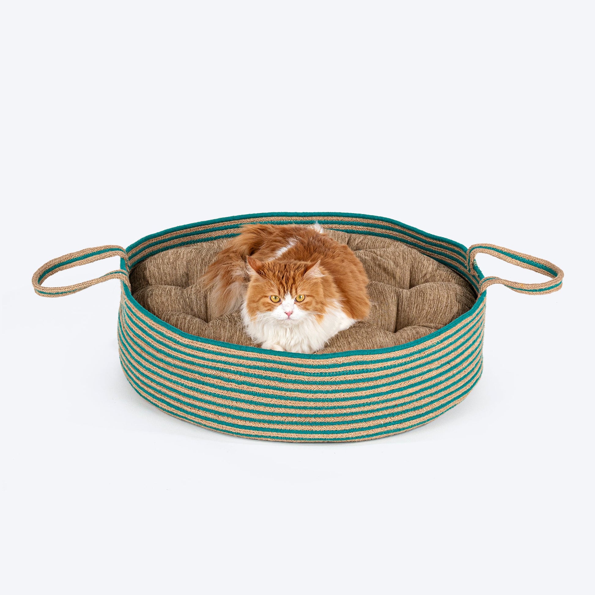 HUFT Whisker Retreat Jute Basket Bed With Cushion For Small Dogs & Cats- Aqua & Brown - Heads Up For Tails
