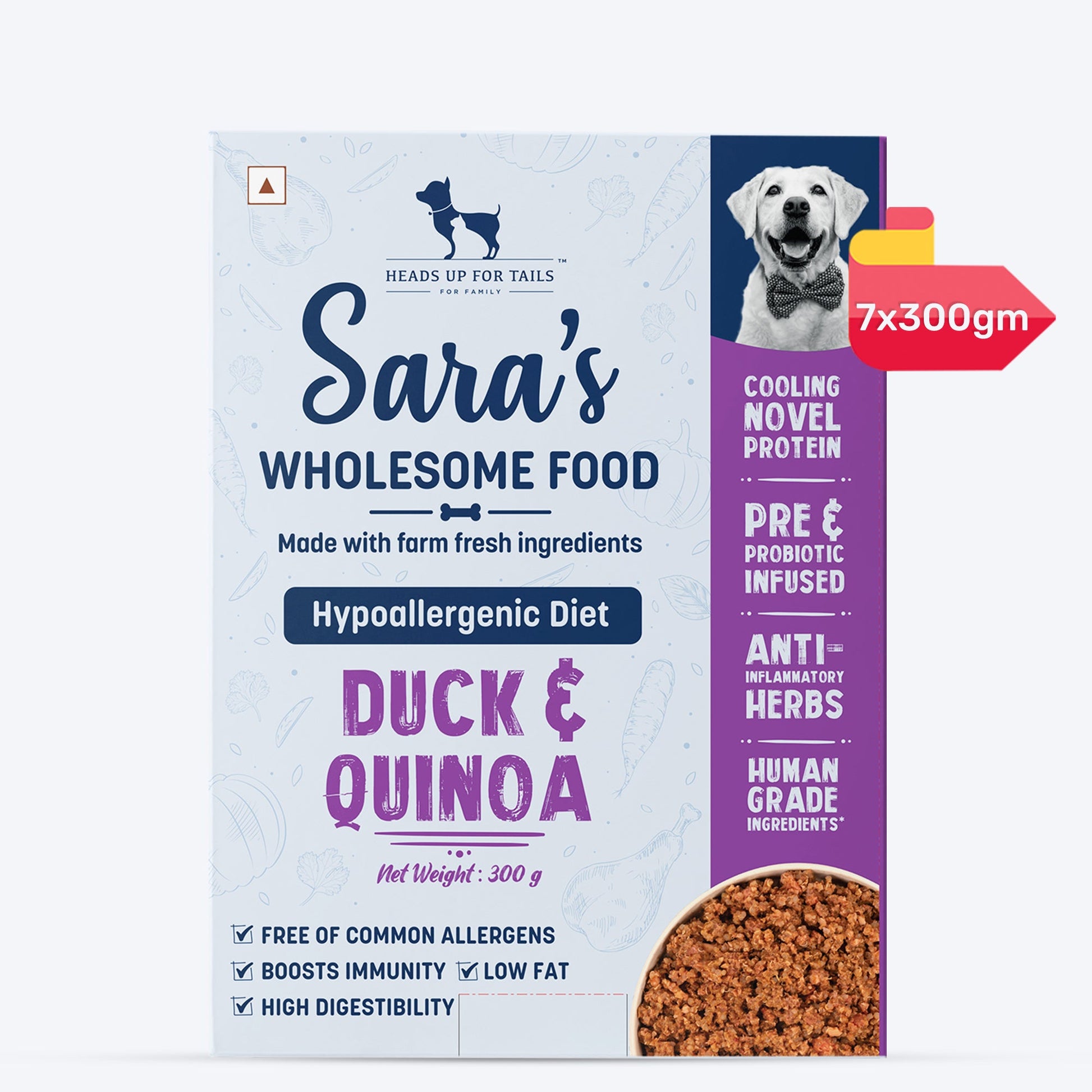Sara's Wholesome Hypoallergenic Diet Duck & Quinoa Dog Wet Food, 300 g, made with farm-fresh ingredients.