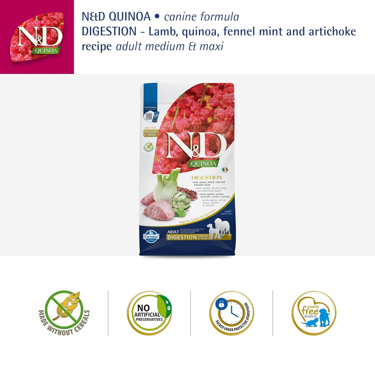 Farmina Quinoa Digestion Lamb Dry Food For Adult Dog - Medium & Maxi - Heads Up For Tails