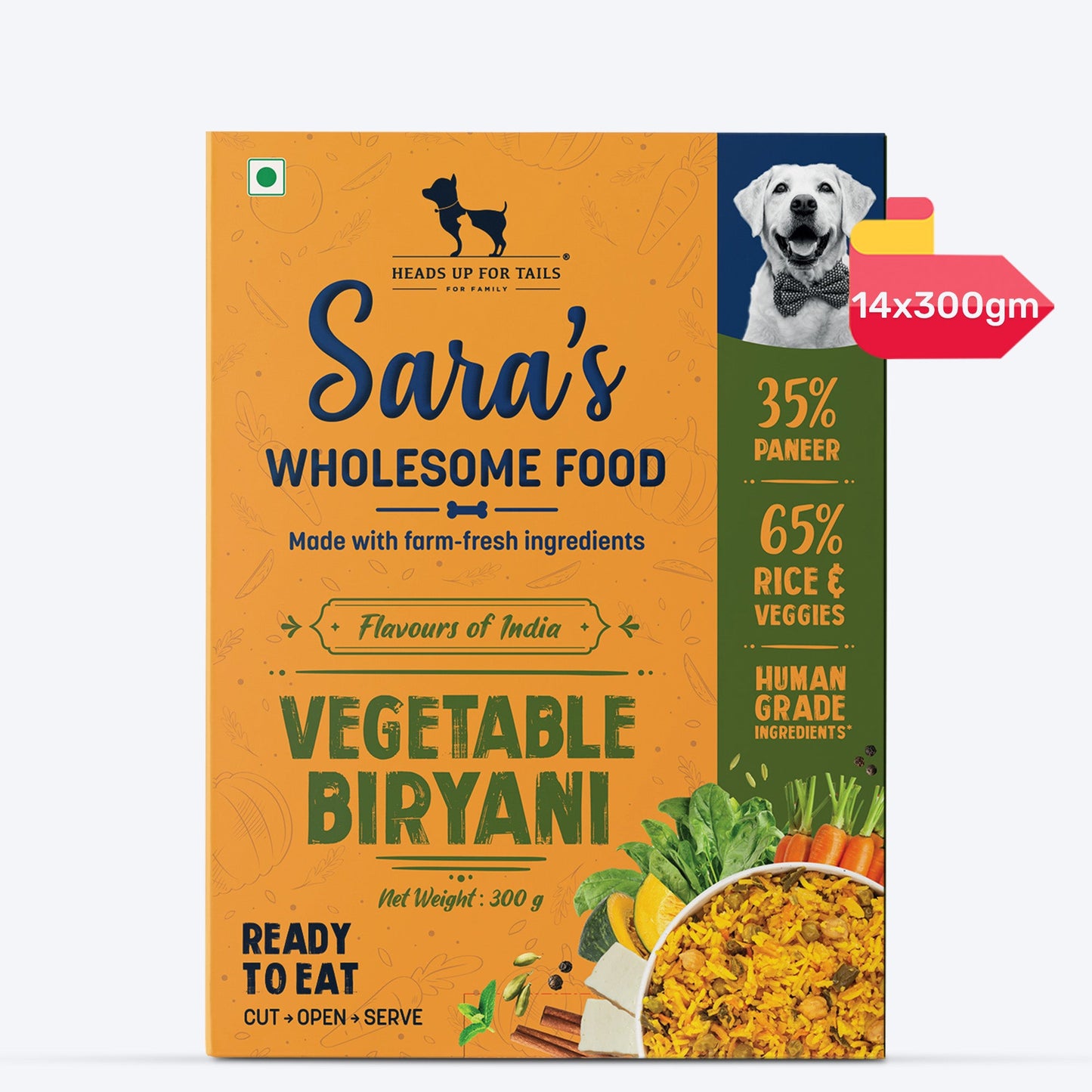 Sara's Wholesome Flavours Of India Vegetable Biryani Dog Wet Food, 300 gm, with 35% paneer and 65% rice & veggies.