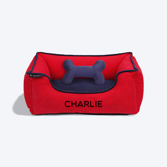 HUFT Personalised Classic Lounger Dog Bed (Free Bone Cushion) - Red With Navy - Heads Up For Tails