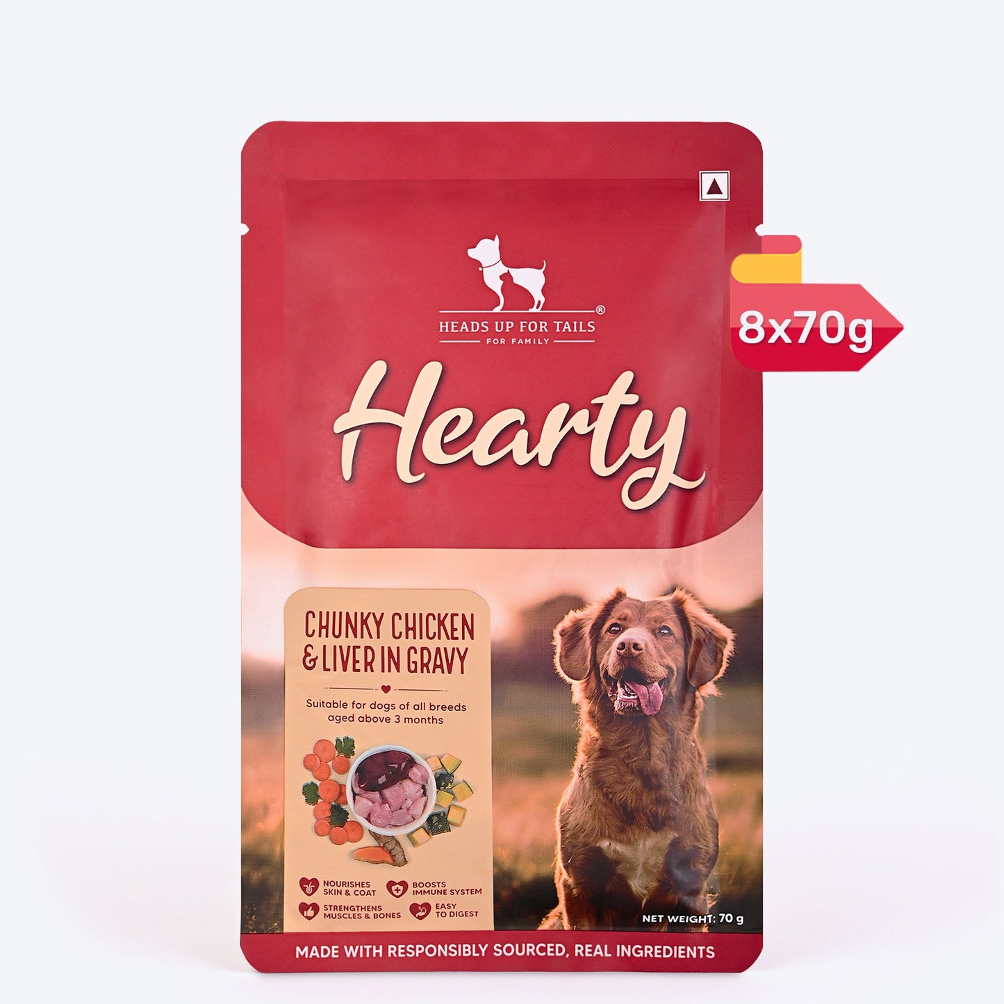 Hearty Chunky Chicken & Liver in Gravy dog wet food by Heads Up for Tails, 70 g, suitable for dogs over 3 months.