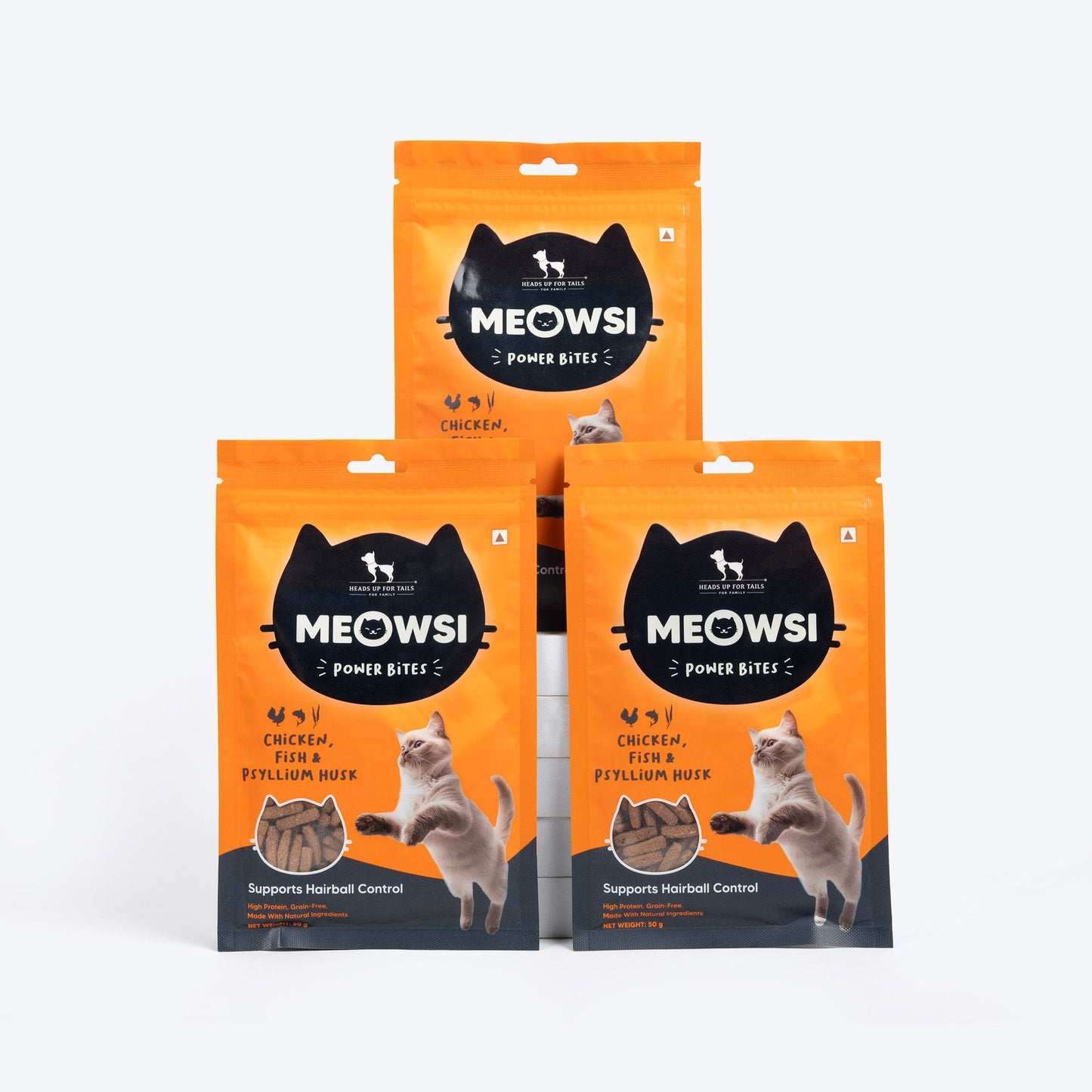 Meowsi by HUFT Power Bites, Chicken, Fish & Psyllium Husk, 50 gm, supports hairball control for cats.