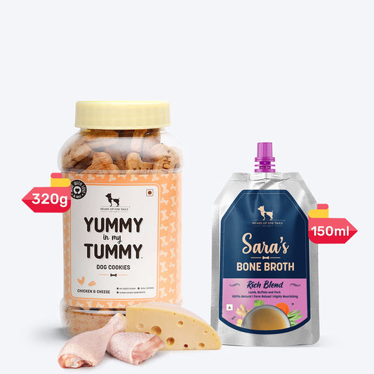 HUFT Sara's Rich Blend Bone Broth With YIMT Chicken & Cheese Biscuits Combo For Dogs - Heads Up For Tails