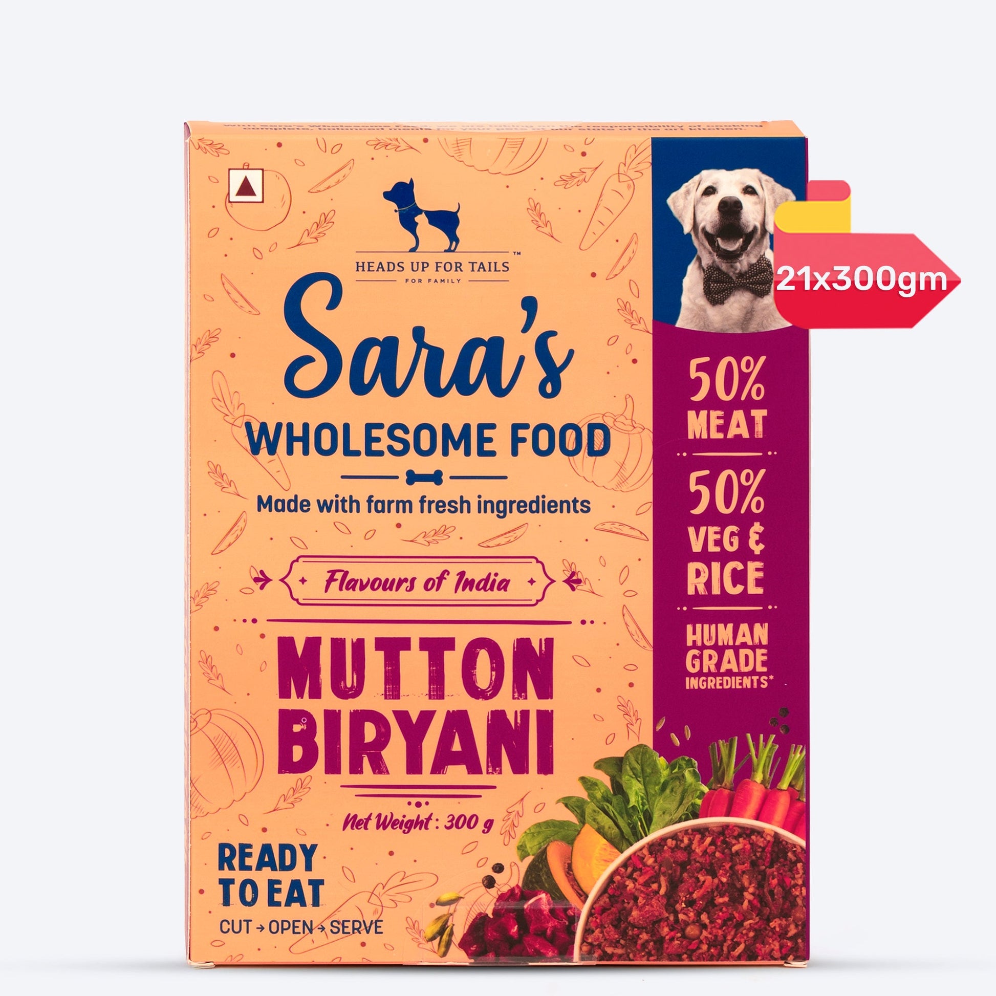 Sara's Wholesome Food Mutton Biryani, Flavours of India, 300 g, made with 50% meat and 50% vegetables and rice.