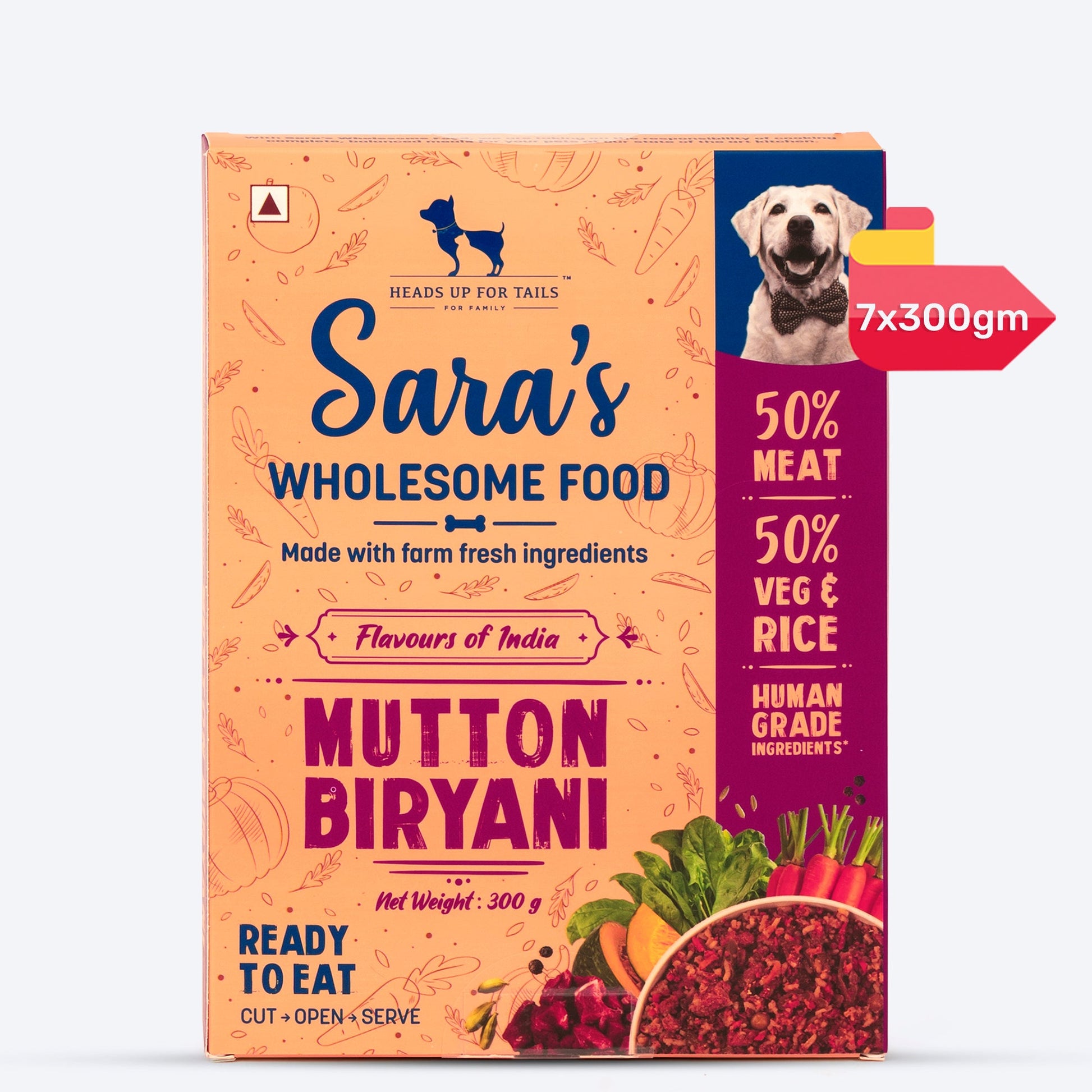 Sara's Wholesome Food Mutton Biryani, Flavours of India, 300 g, made with 50% meat and 50% vegetables and rice.