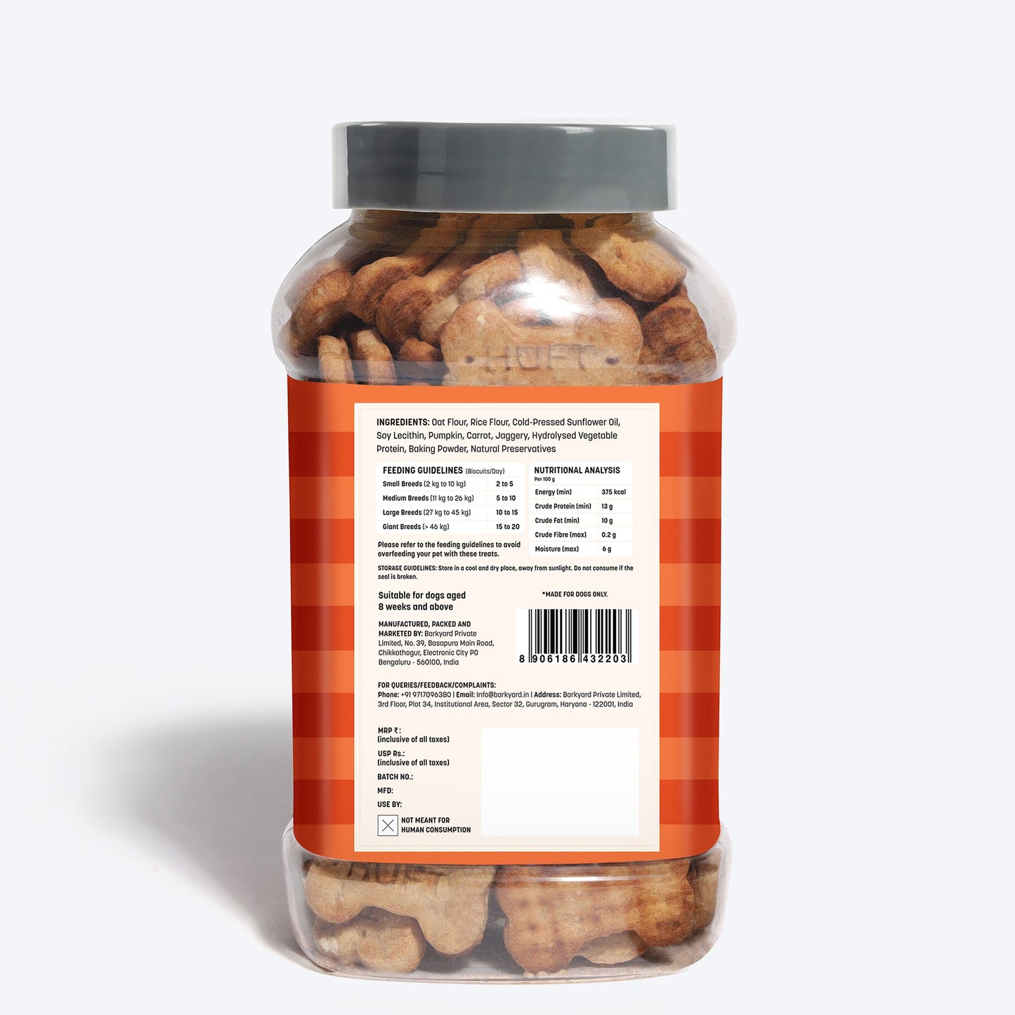 HUFT YIMT Pumpkin & Carrot Gluten-Free Dog Biscuits, 500g jar, made with natural ingredients for dogs