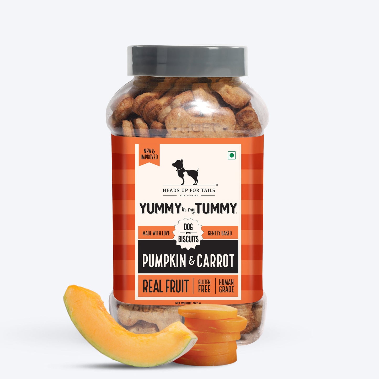 HUFT Yummy in my Tummy Pumpkin & Carrot gluten-free dog biscuits, 320g jar, made with real fruit