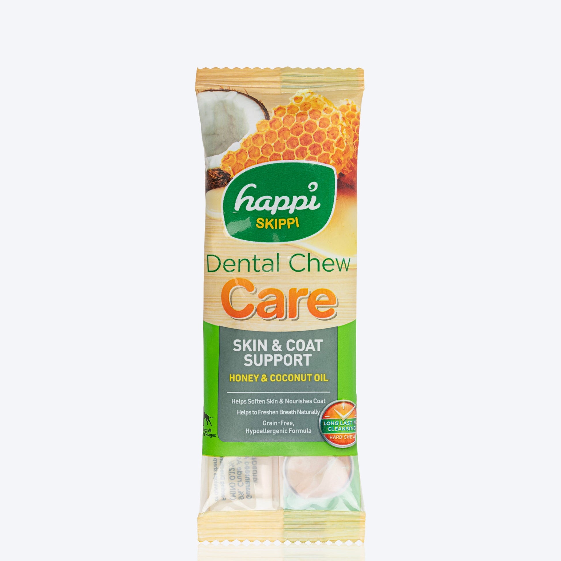 Happi Skippi Dental Chew Care Skin & Coat Support Honey & Coconut Oil Dog Treats - 4 inch - 25 gm - Heads Up For Tails