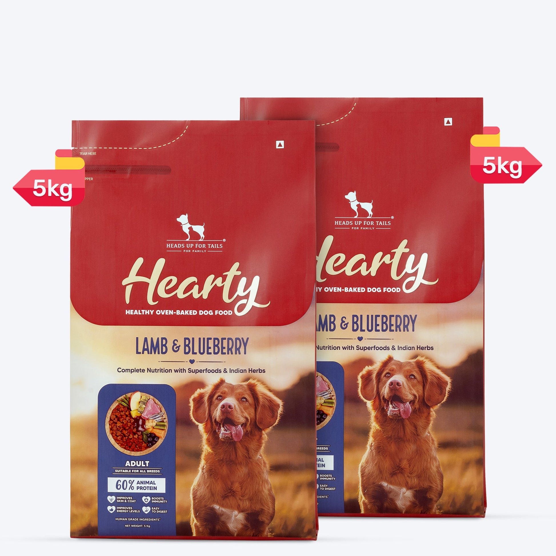 Hearty Lamb & Blueberry Oven-Baked Adult Dog Food by Heads Up for Tails, suitable for all breeds, 60% animal protein.