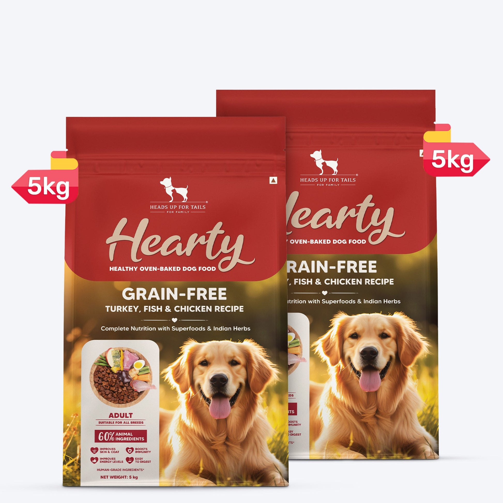 Hearty Turkey, Fish & Chicken Grain-Free Oven-Baked Dog Food, 2 kg, suitable for all breeds, by Heads Up for Tails.