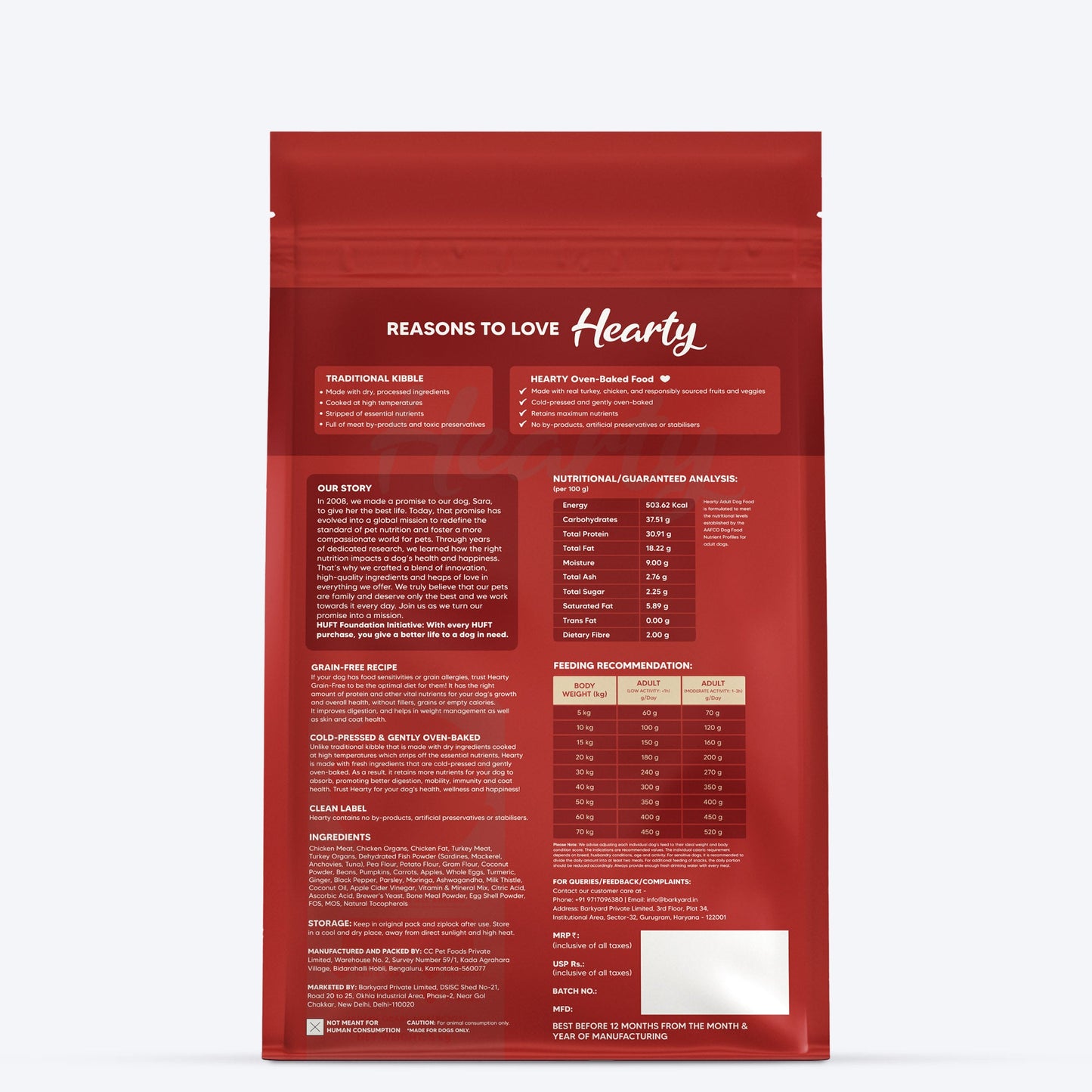 Hearty Turkey, Fish & Chicken Grain-Free Oven-Baked Dog Food, 2 kg, suitable for all breeds, by Heads Up for Tails.