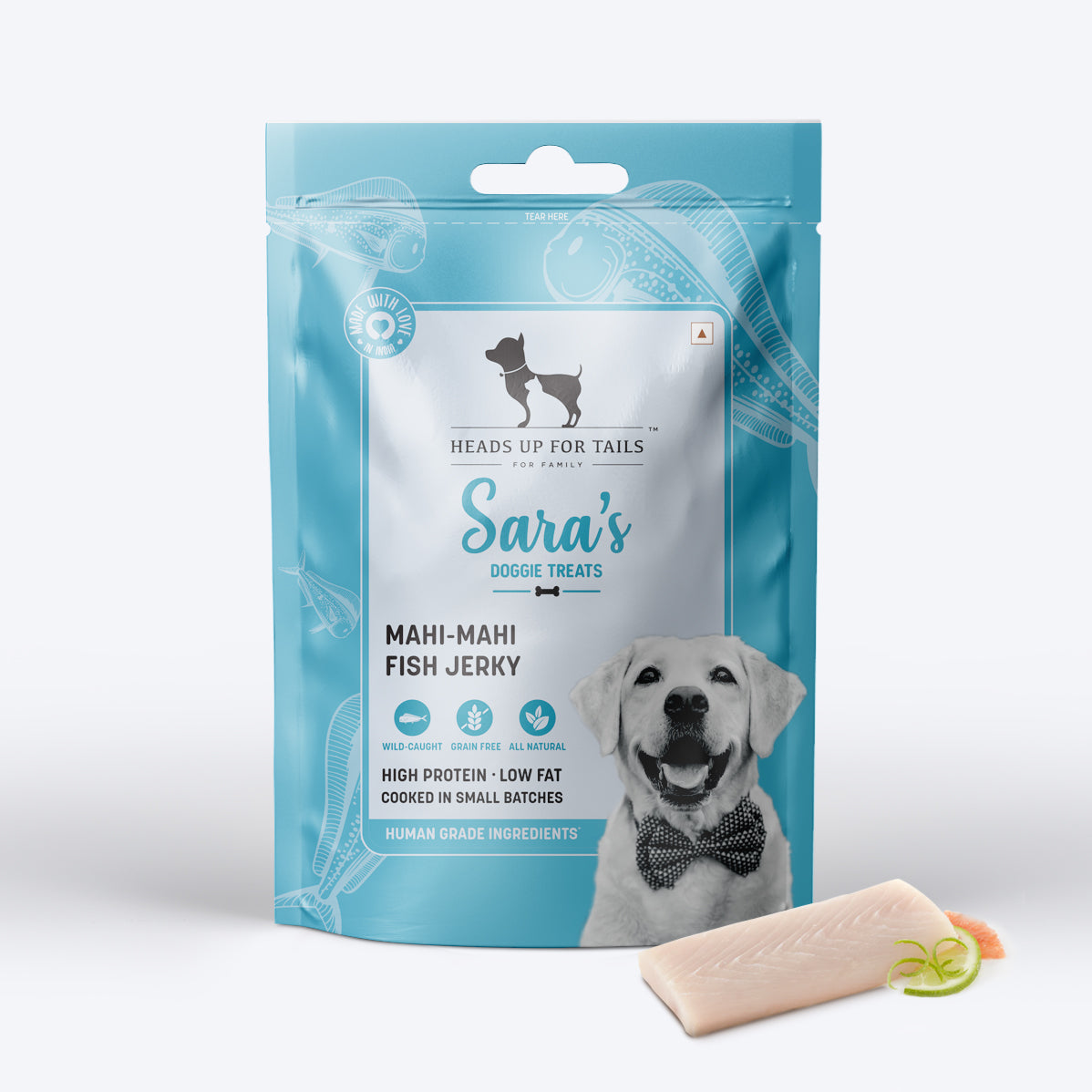 Sara's Doggie Treats Mahi Mahi Fish Jerky, 70 g, high protein, low fat, all-natural ingredients, suitable for dogs.