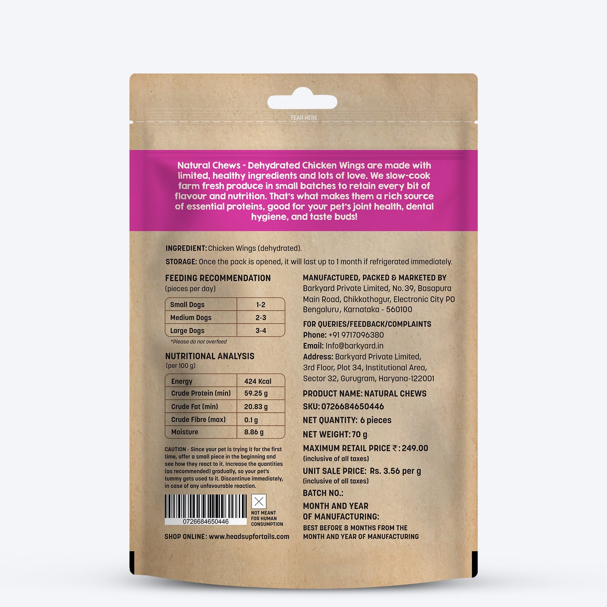 HUFT Natural Chews - Dehydrated Chicken Wings For Dog - 70g - Heads Up For Tails