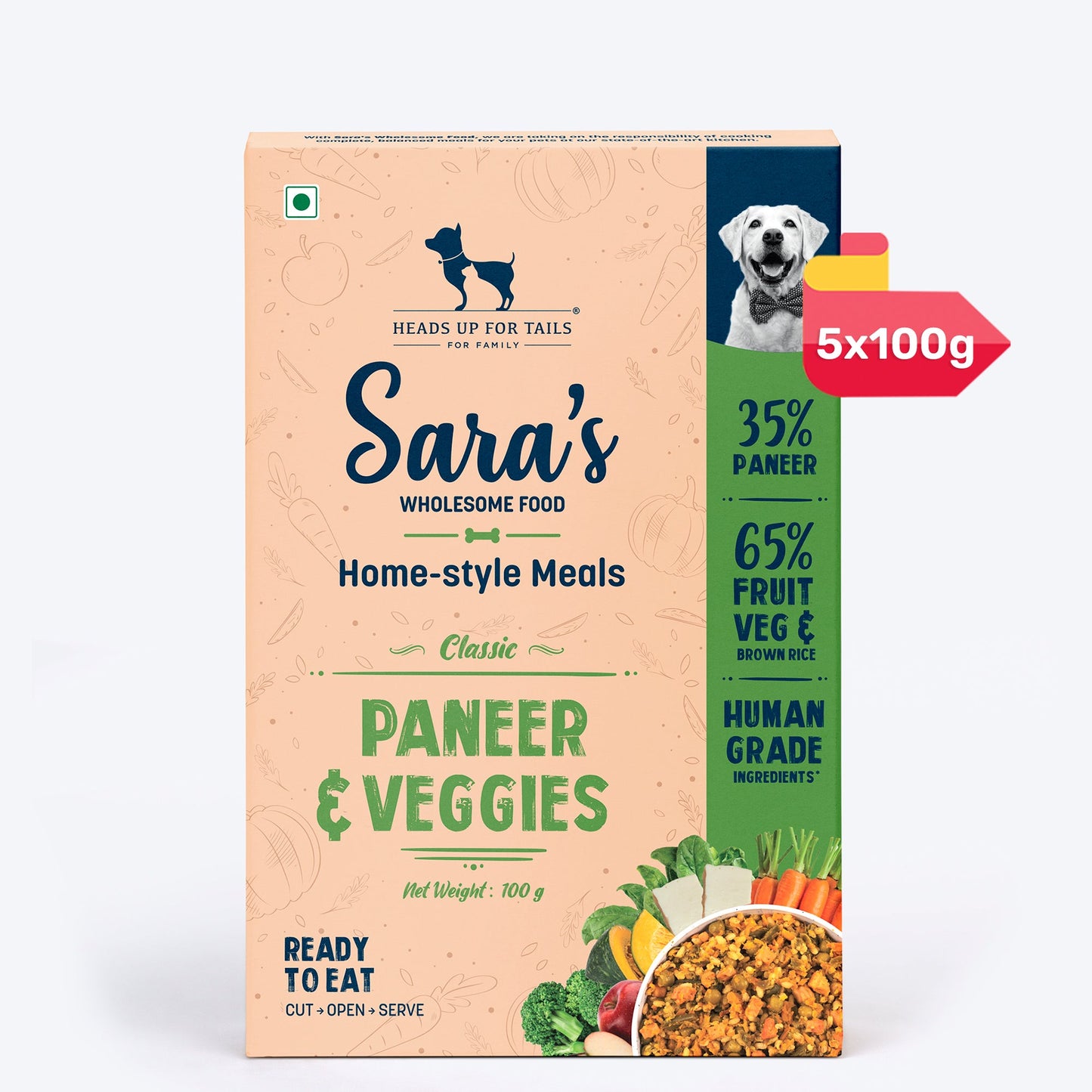 Sara's Wholesome Classic Paneer & Veggies Ready-to-Eat Vegetarian Dog Food ‚¬€œ Human-Grade, Preservative-Free - Heads Up For Tails