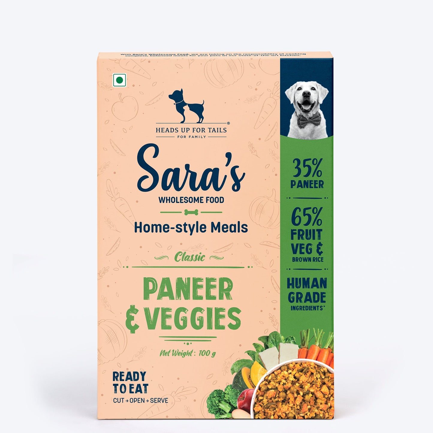 Sara's Wholesome Classic Paneer & Veggies Ready-to-Eat Vegetarian Dog Food ‚¬€œ Human-Grade, Preservative-Free - Heads Up For Tails