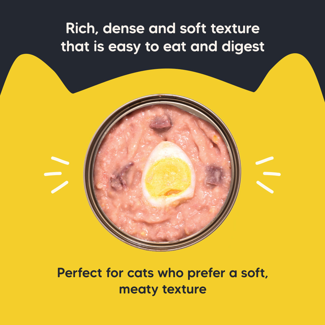 Meowsi by HUFT Chicken Breast with Quail Egg p¢t©, 80 gm can, grain-free, with vitamins and minerals for cats.