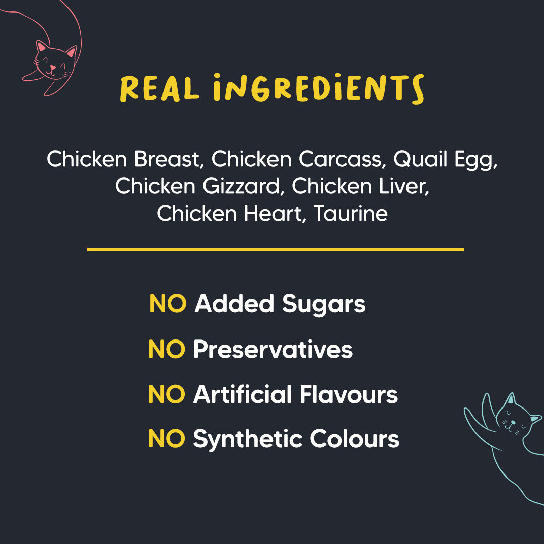 Meowsi by HUFT Chicken Breast with Quail Egg p¢t©, 80 gm can, grain-free, with vitamins and minerals for cats.