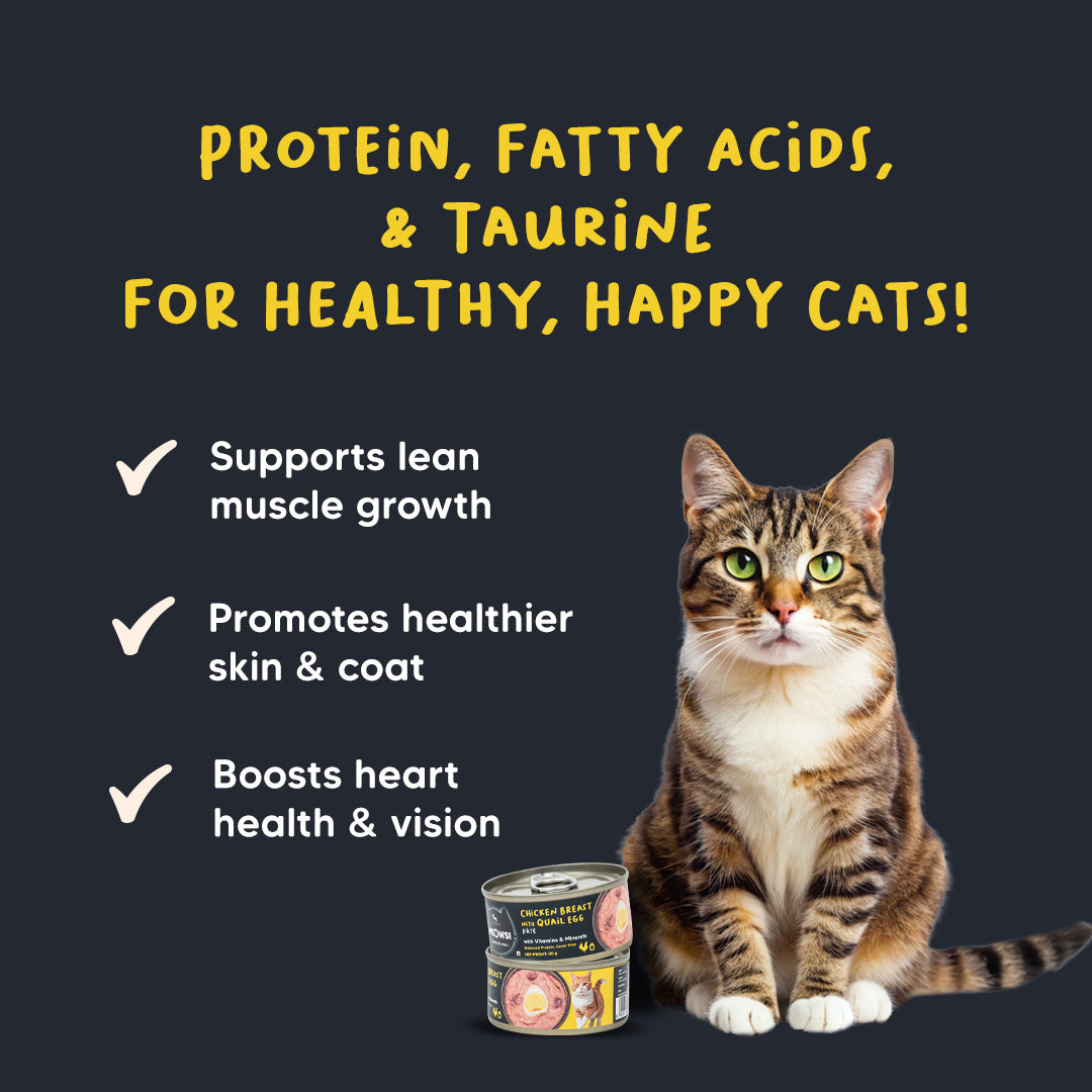 Meowsi by HUFT Chicken Breast with Quail Egg p¢t©, 80 gm can, grain-free, with vitamins and minerals for cats.