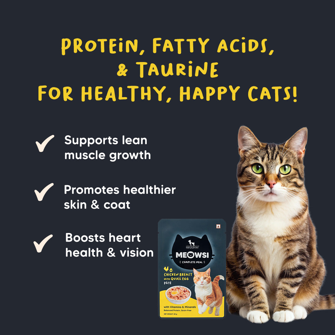 Meowsi by HUFT Chicken Breast with Quail Egg p¢t© Cat Wet Food, 80 gm, grain-free, with vitamins and minerals.