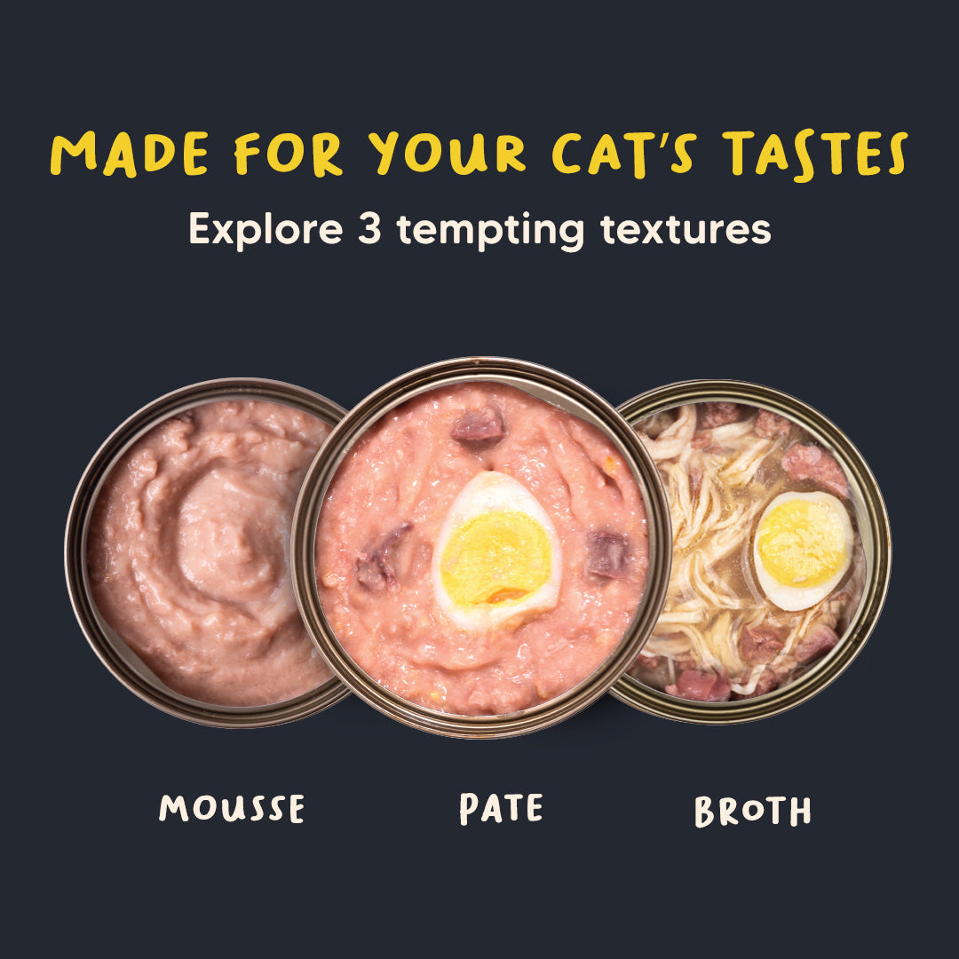 Meowsi by HUFT Chicken Breast with Quail Egg p¢t©, 80 gm can, grain-free, with vitamins and minerals for cats.