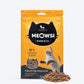 Meowsi by HUFT Chicken & Fish Power Bites, 50 gm, high-protein cat treats in a yellow packaging with a playful cat graphic.