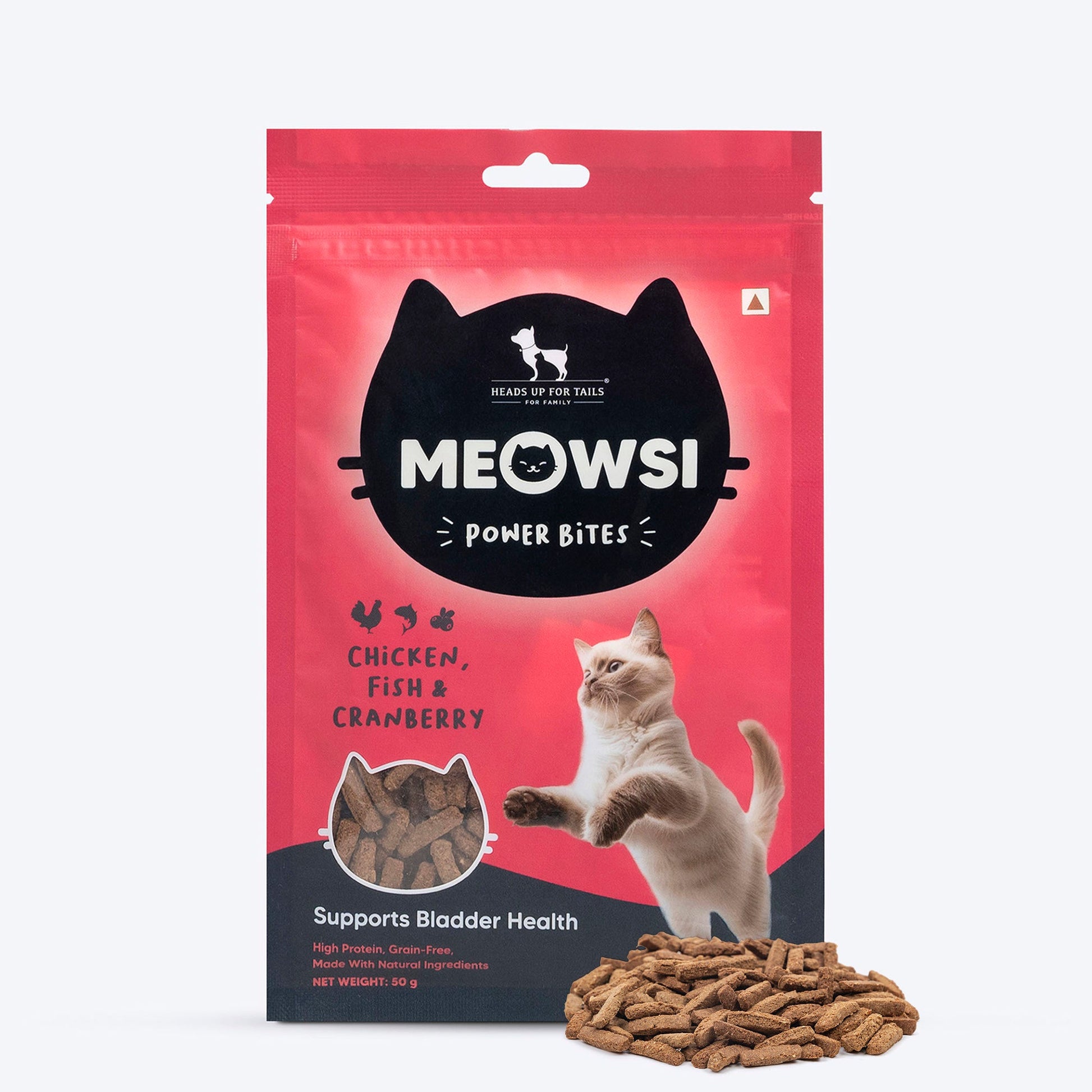 Meowsi by HUFT Chicken, Fish & Cranberry Power Bites Cat Treats, 50 gm, supports bladder health with high protein.