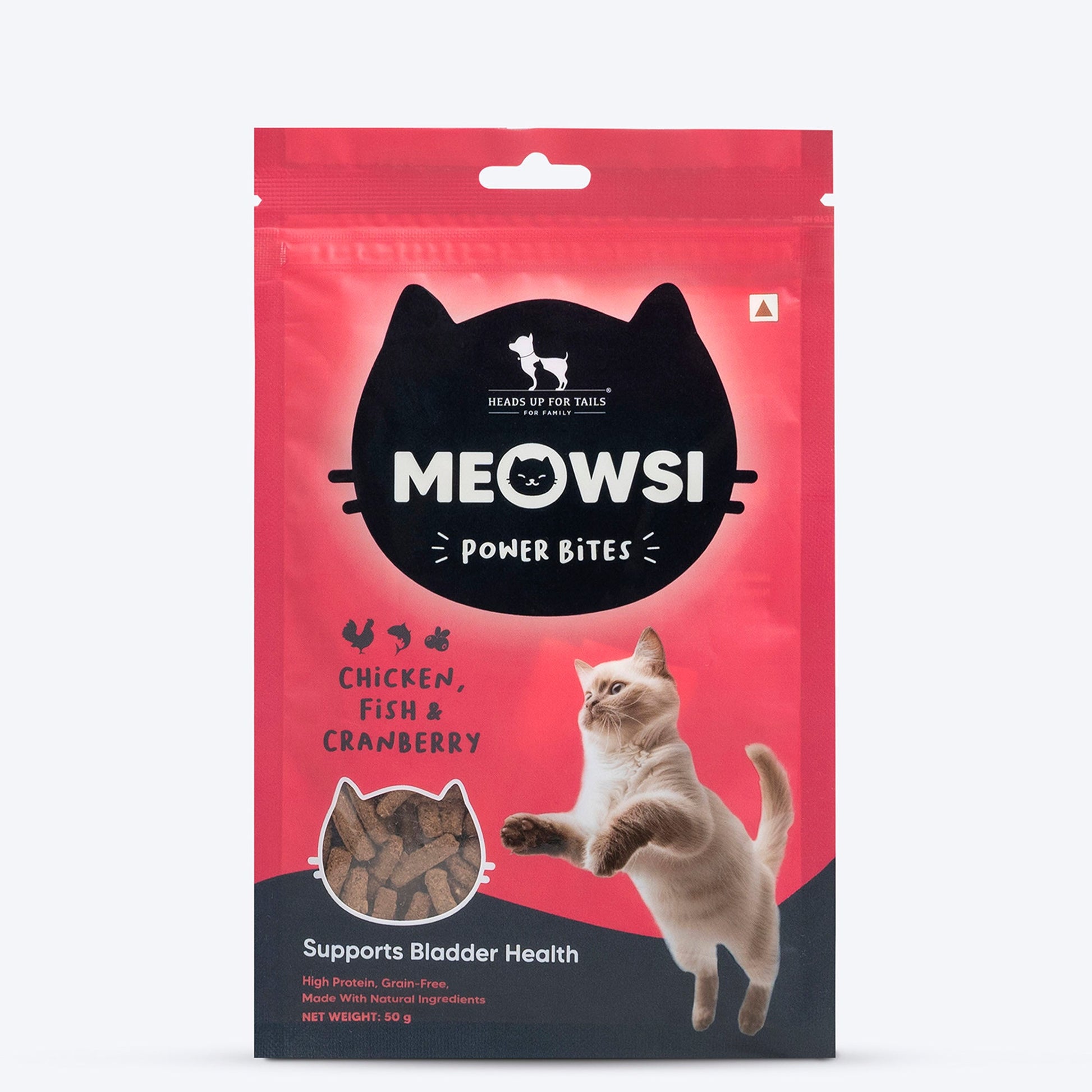 Meowsi by HUFT Chicken, Fish & Cranberry Power Bites Cat Treats, 50 gm, supports bladder health with high protein.