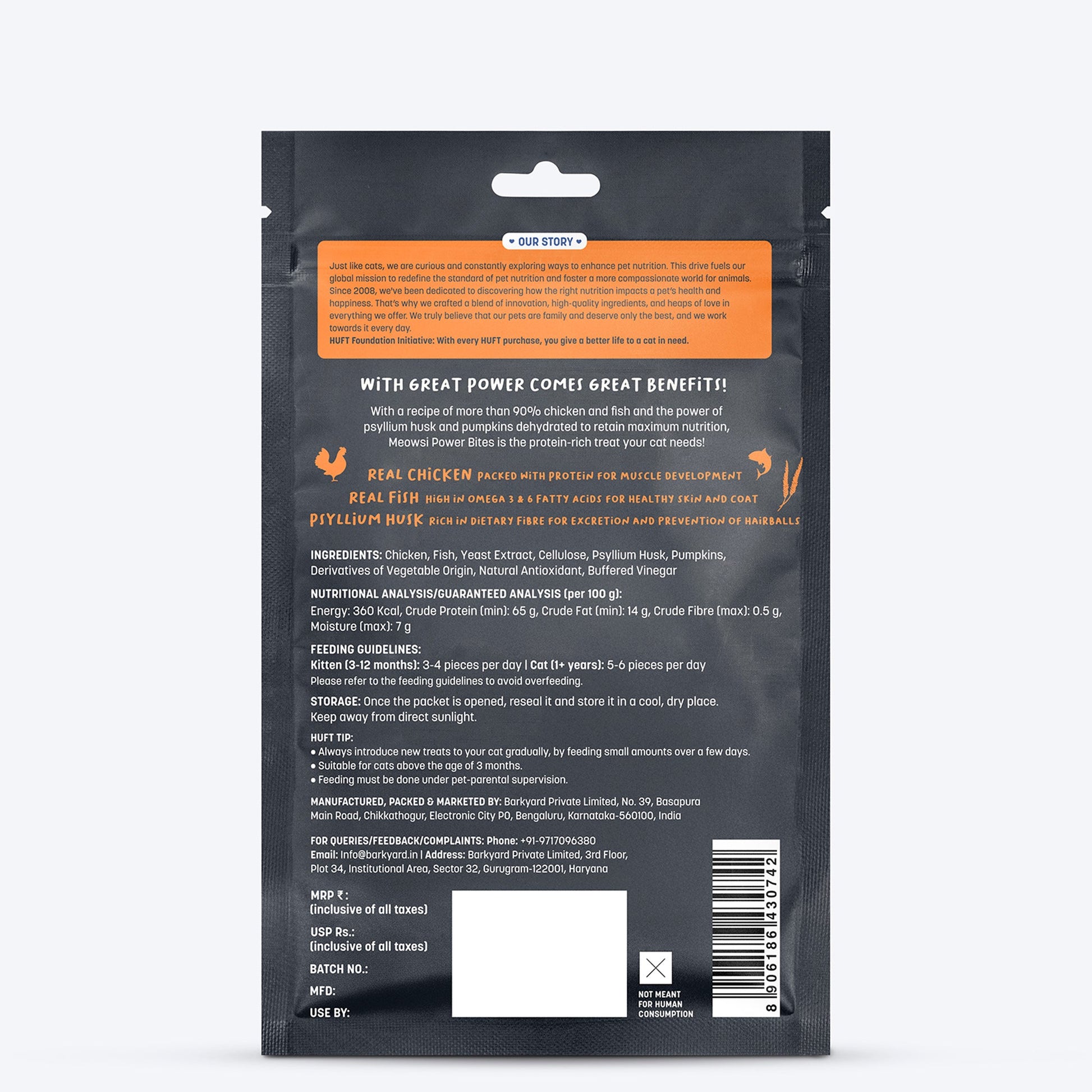 Meowsi by HUFT Power Bites, Chicken, Fish & Psyllium Husk, 50 gm, supports hairball control for cats.
