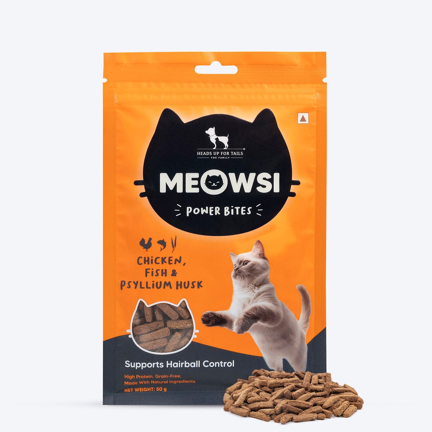 Meowsi by HUFT Power Bites, Chicken, Fish & Psyllium Husk, 50 gm, supports hairball control for cats.