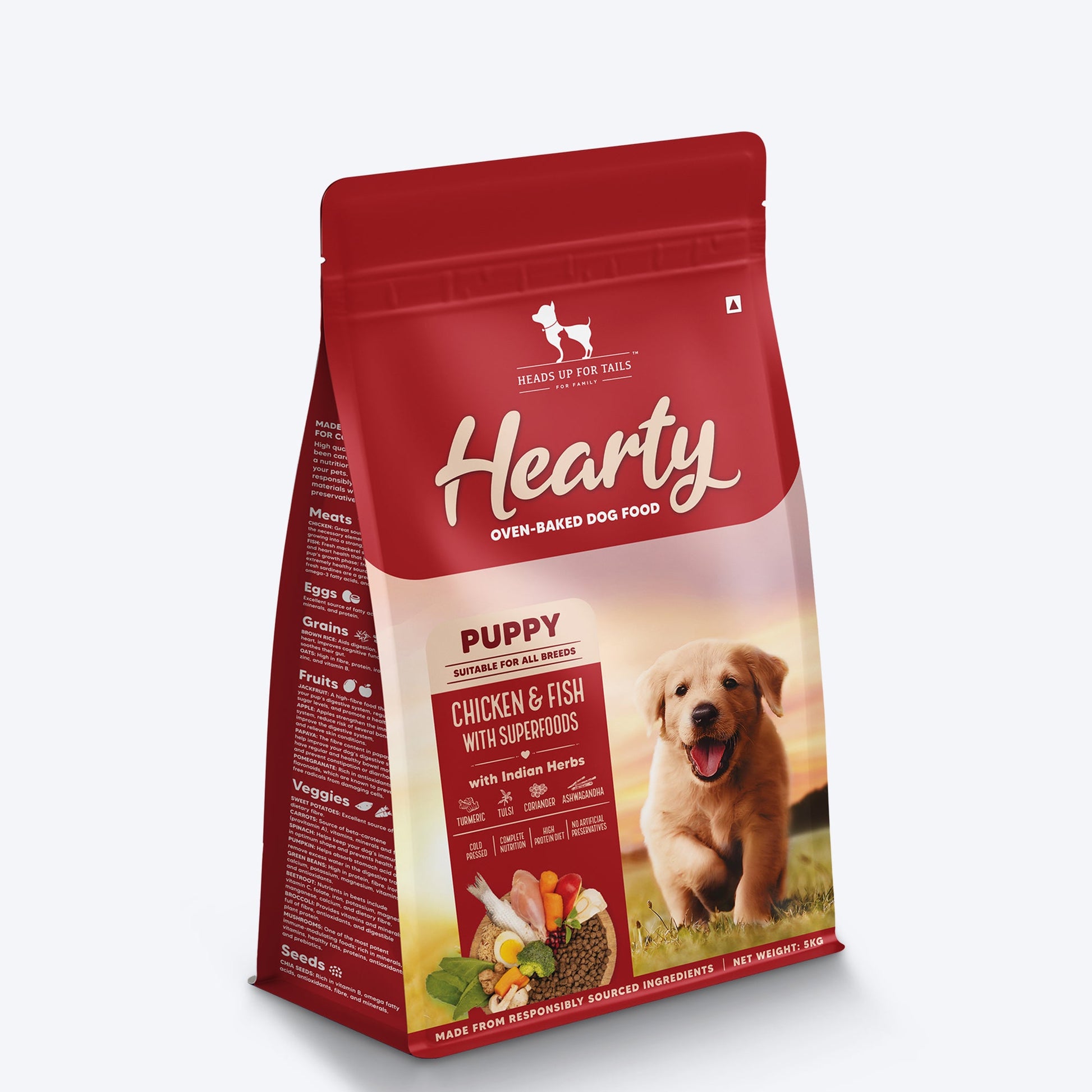 Hearty Oven-Baked Puppy Food by Heads Up for Tails, Chicken & Fish with Superfoods, 250g, suitable for all breeds.