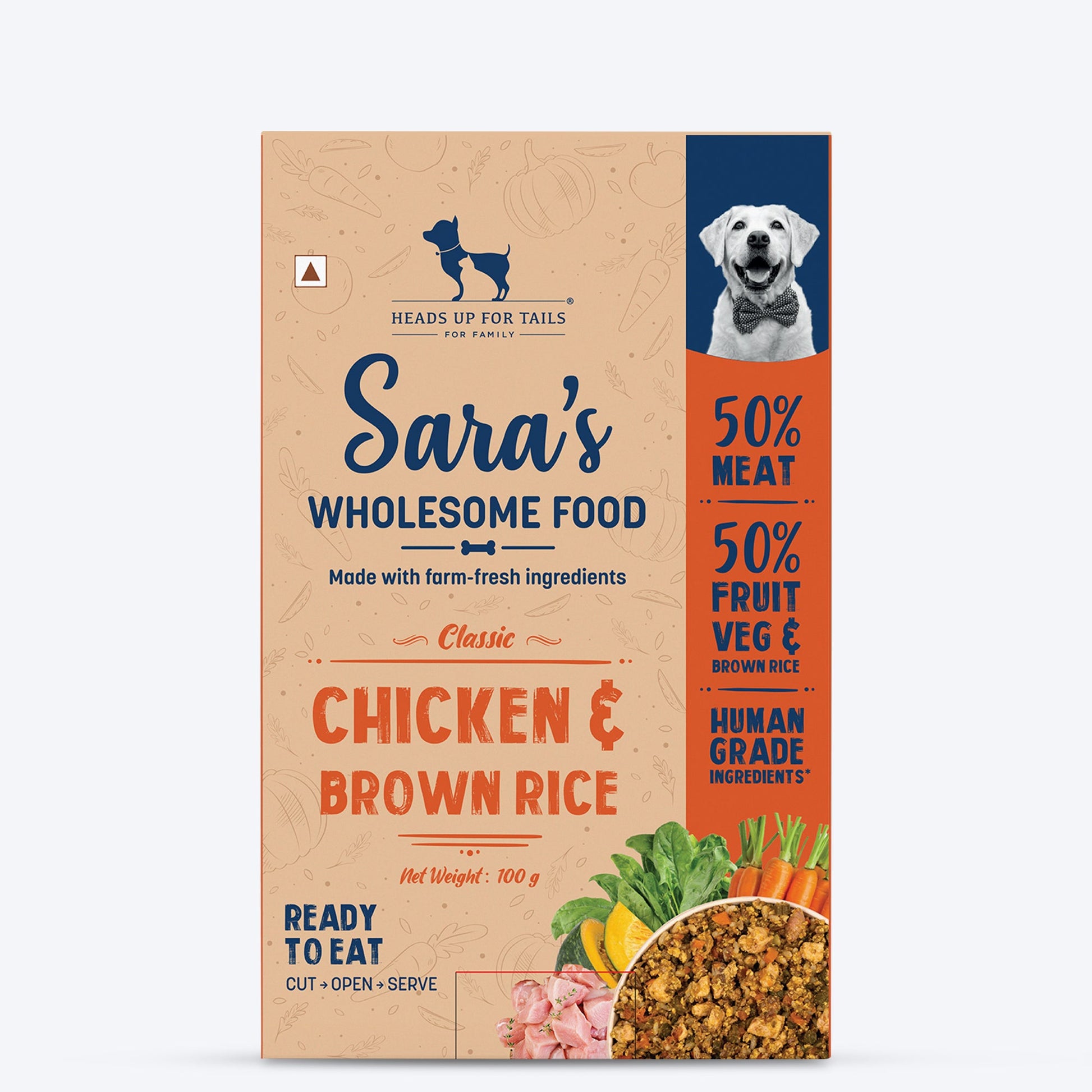 Sara's Wholesome Classic Chicken and Brown Rice Dog Food, 300g, made with 50% meat and 50% fruits and vegetables.