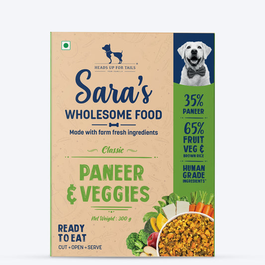 Sara's Wholesome Classic Paneer & Veggies Dog Food, 300 gm, features 35% paneer and 65% fruits, veggies, and brown rice.