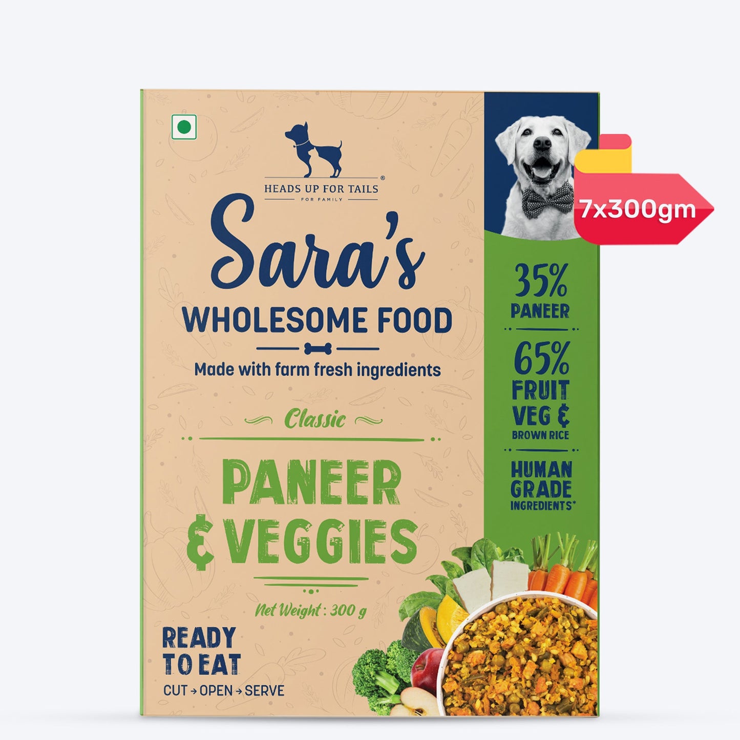 Sara's Wholesome Classic Paneer & Veggies Dog Food, 300 gm, features 35% paneer and 65% fruits, veggies, and brown rice.