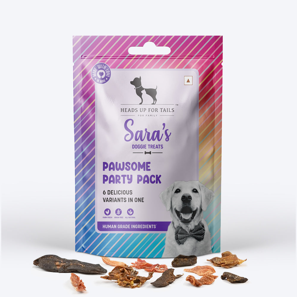 Sara's Doggie Treats Pawsome Party Pack, 200 gm, features 6 delicious variants for dogs, with a colorful packaging design.