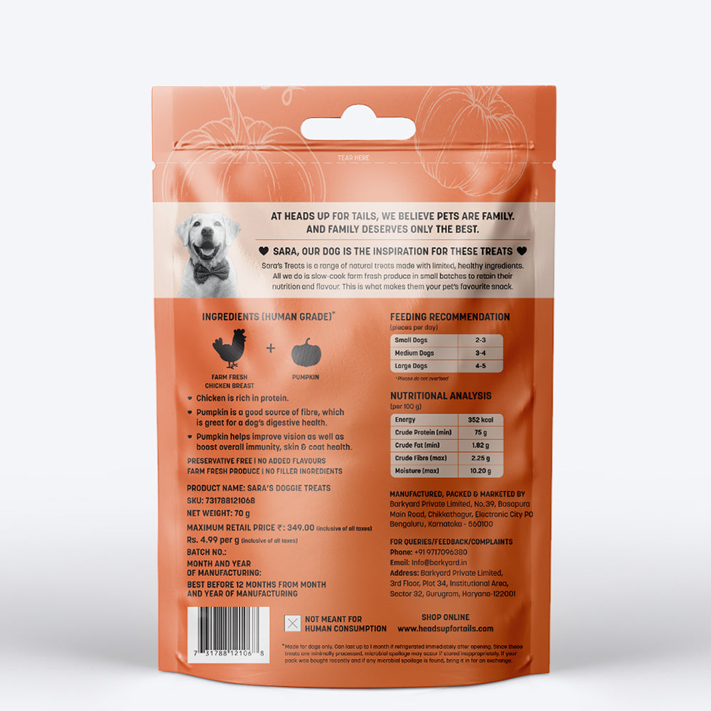 Sara's Doggie Treats Chicken Jerky with Pumpkin, 70 g, featuring a dog on the packaging and pieces of jerky and pumpkin.