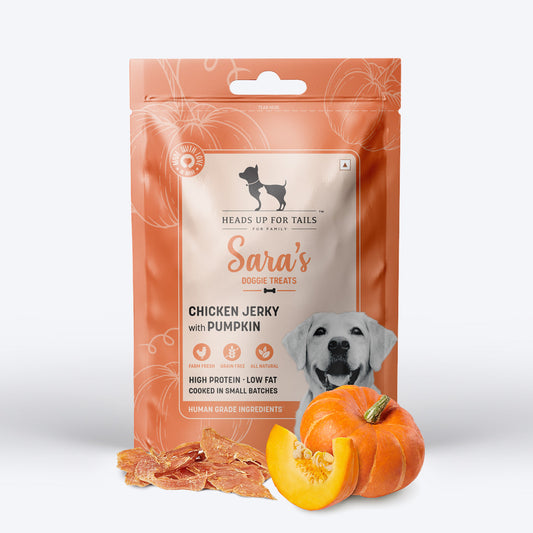Sara's Doggie Treats Chicken Jerky with Pumpkin, 70 g, featuring a dog on the packaging and pieces of jerky and pumpkin.