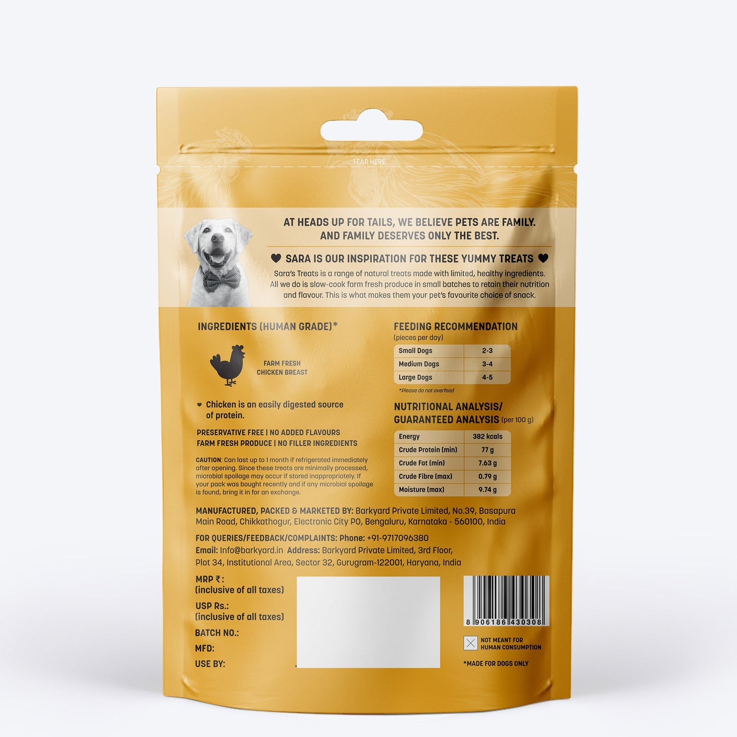 Sara's Doggie Treats Chicken Jerky, 70 g, made from 100% fresh chicken, grain-free, high protein, low fat.