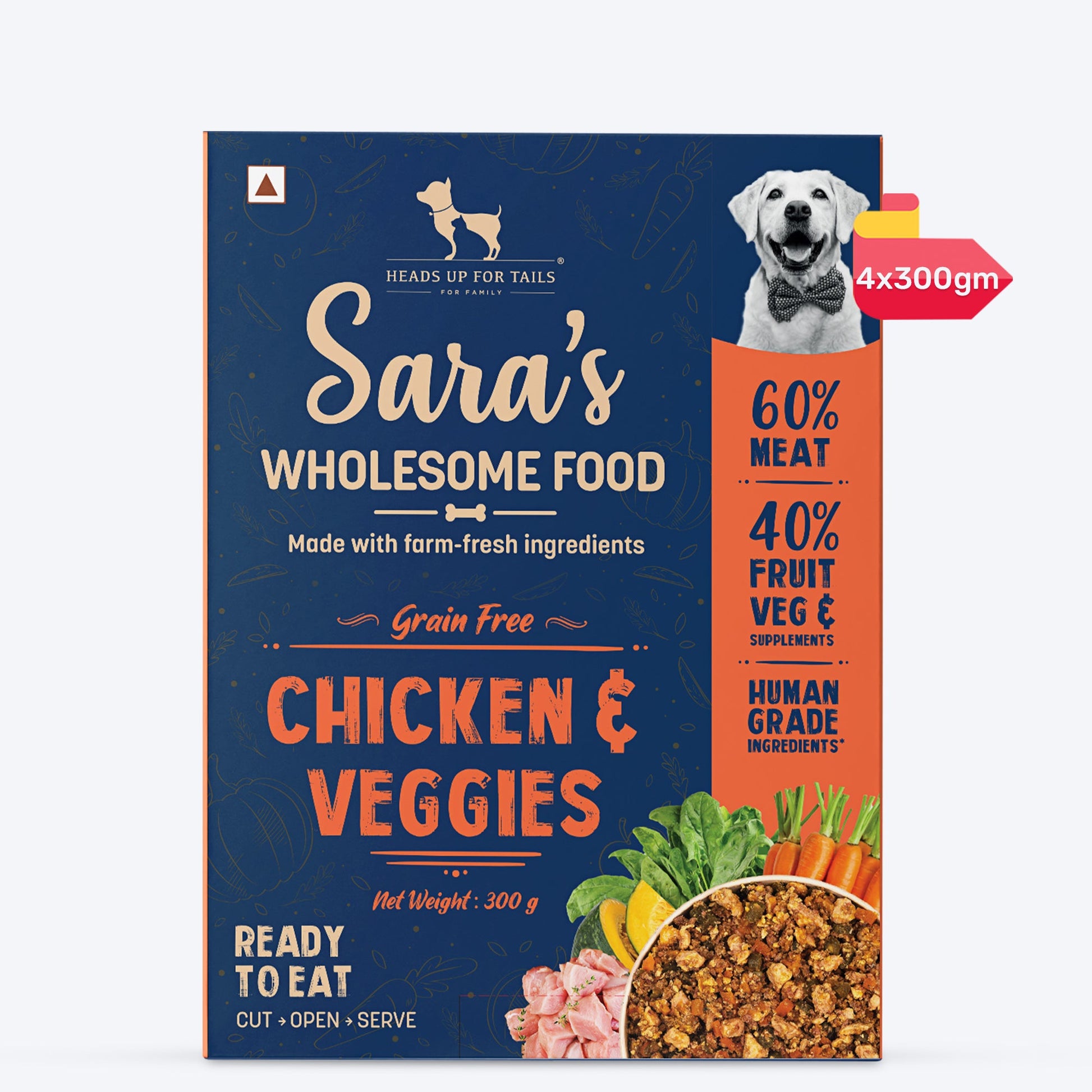 Sara's Wholesome Grain-Free Chicken & Veggies Dog Food, 300 gm, made with 60% meat and 40% fruits and veggies.