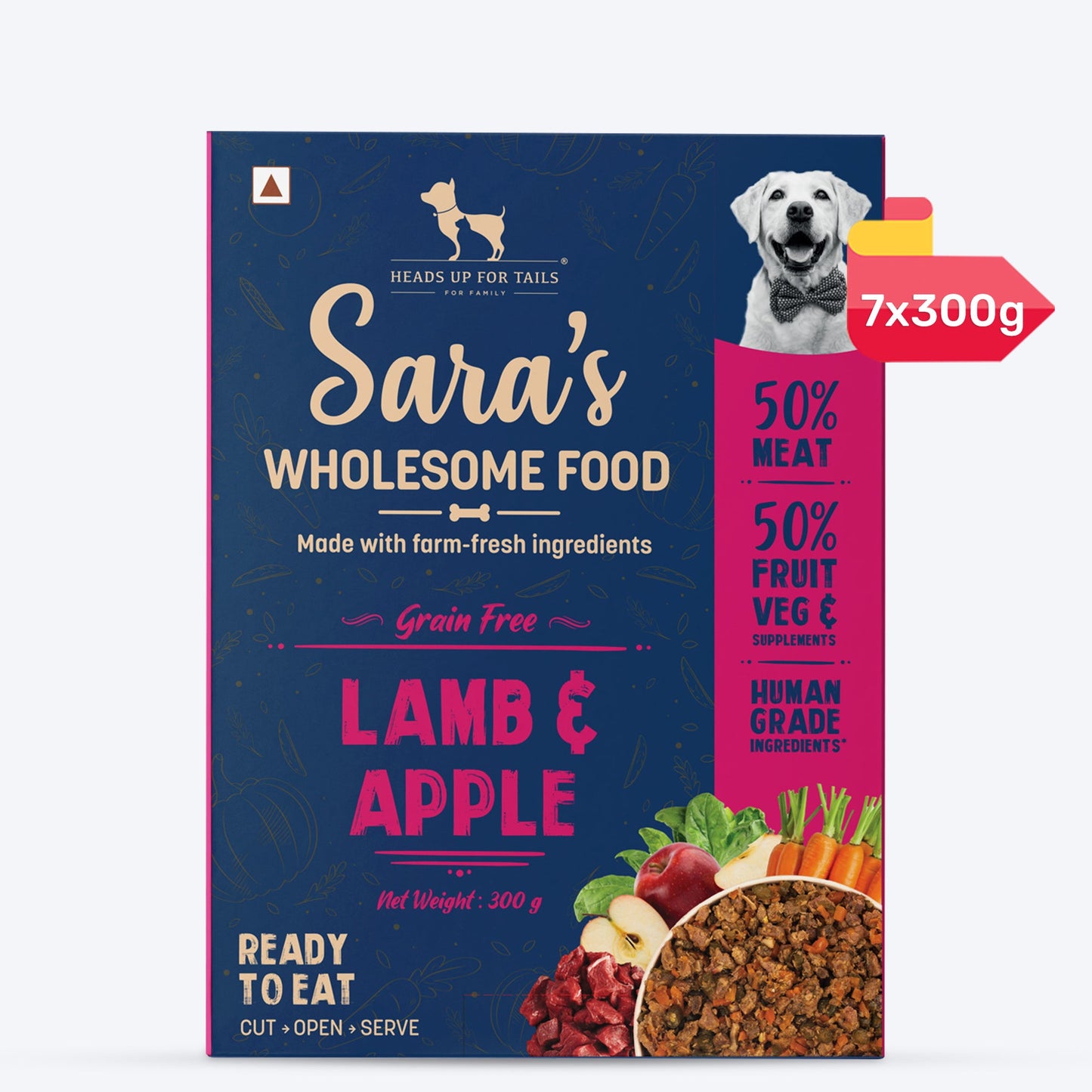 Sara's Wholesome Grain-Free Lamb and Apple Dog Food, 300 g, made with 50% meat and 50% fruit and vegetables.