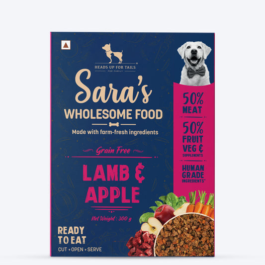 Sara's Wholesome Grain-Free Lamb and Apple Dog Food, 300 g, made with 50% meat and 50% fruit and vegetables.