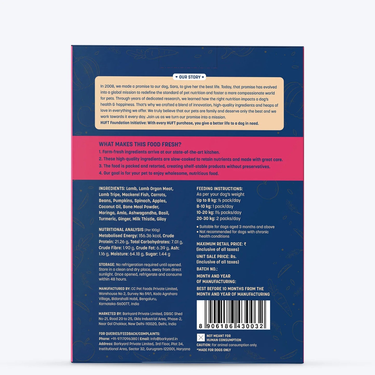 Sara's Wholesome Grain-Free Lamb and Apple Dog Food, 300 g, made with 50% meat and 50% fruit and vegetables.