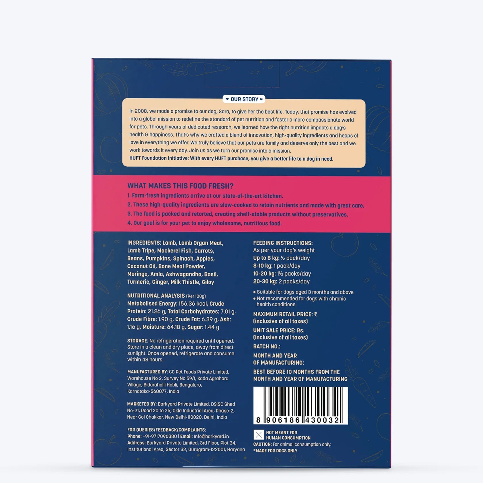 Sara's Wholesome Grain-Free Lamb and Apple Dog Food, 300 g, made with 50% meat and 50% fruit and vegetables.