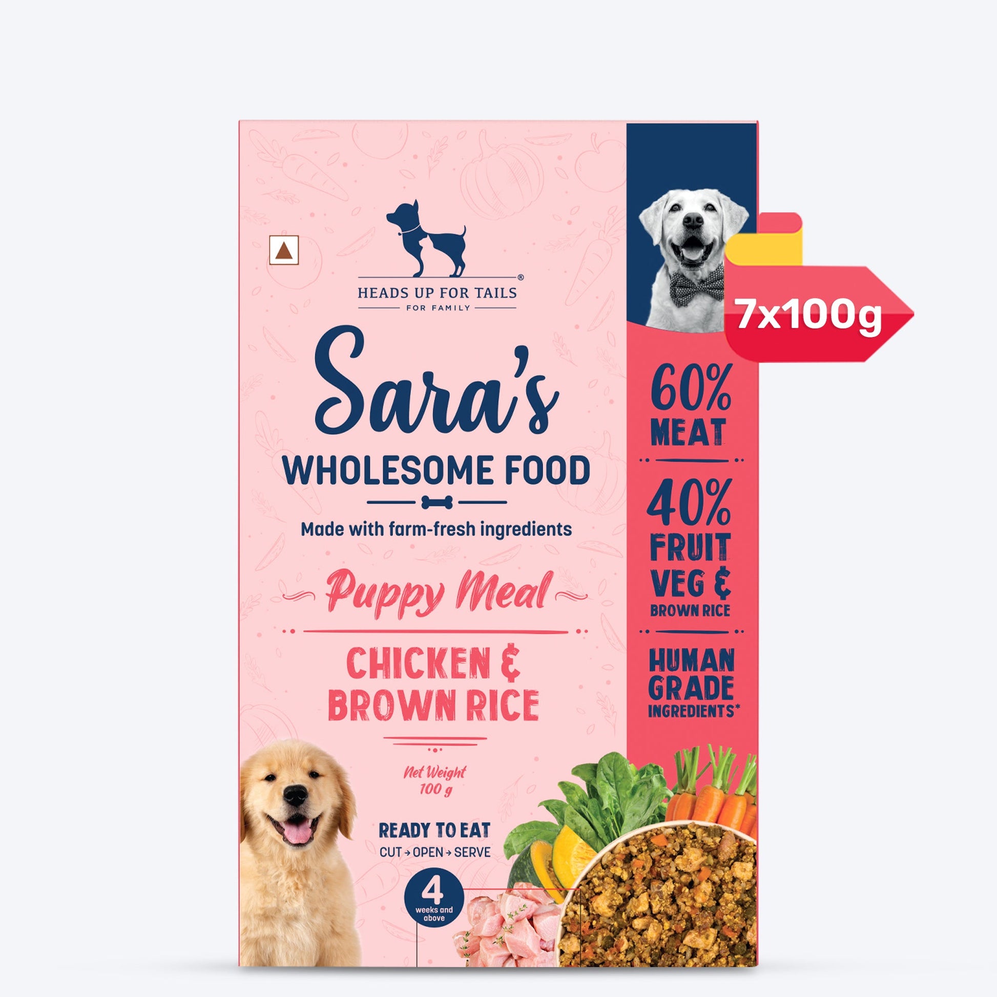 Sara's Wholesome Chicken & Brown Rice Puppy Food ‚¬€œ 100 gm | Human Grade, All-Natural, Preservative-Free, Ready-to-Eat Meal for Puppies (4 Weeks & Above) - Heads Up For Tails