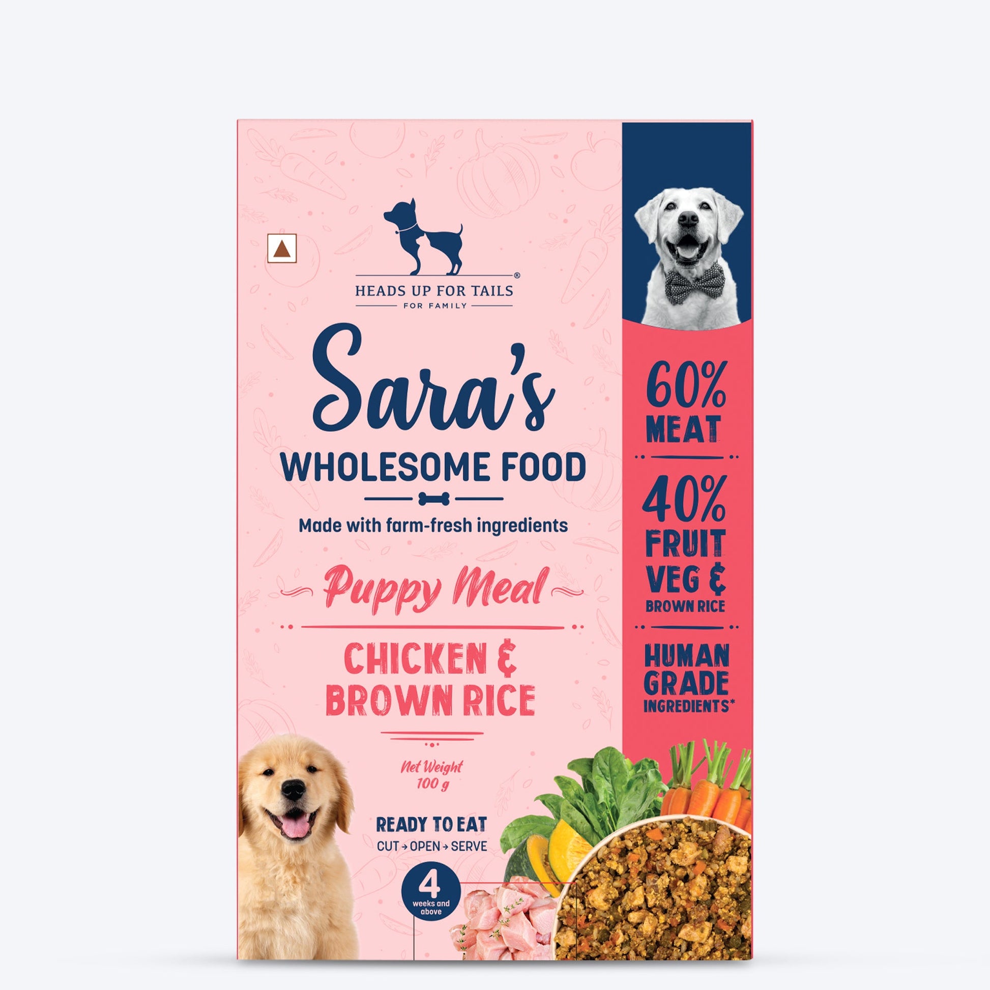 Sara's Wholesome Chicken & Brown Rice Puppy Food, 100 gm, made with 60% meat and 40% fruits and veggies, ready to eat.