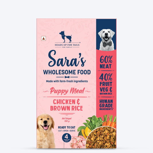 Sara's Wholesome Chicken & Brown Rice Puppy Food, 100 gm, made with 60% meat and 40% fruits and veggies, ready to eat.