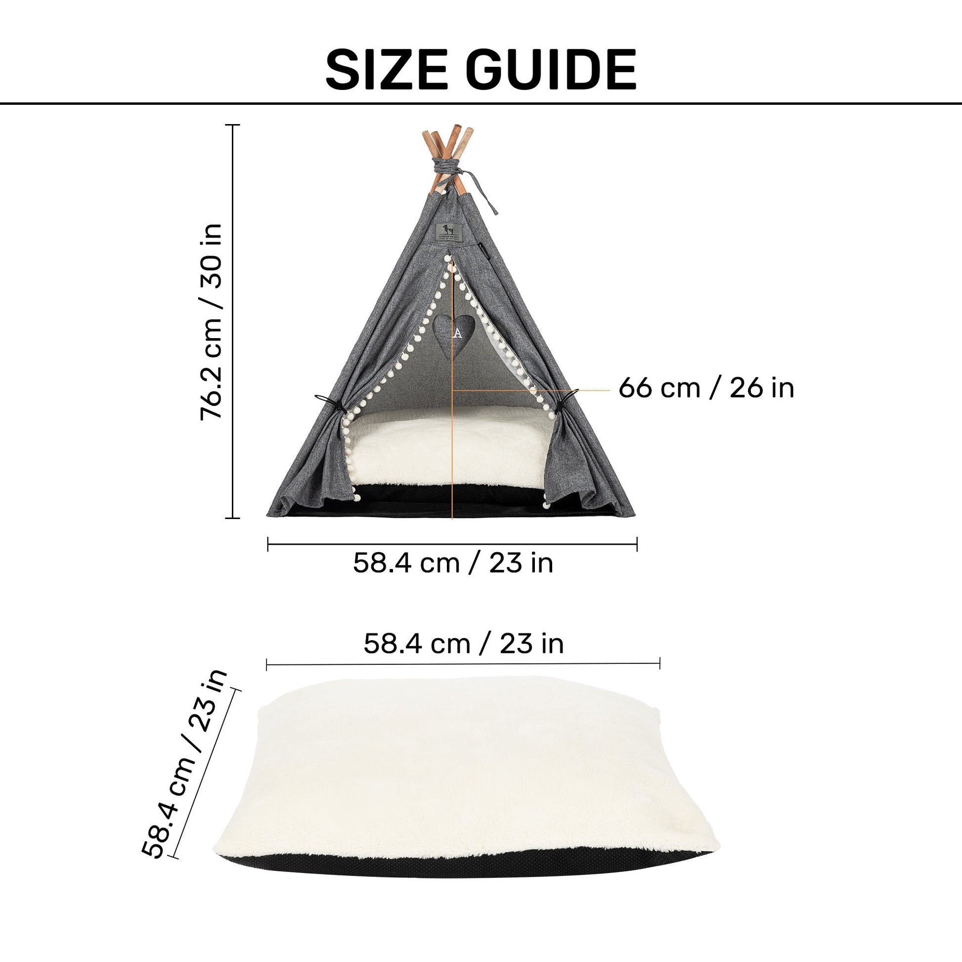 HUFT Personalised Cozy Fort Teepee Tent Bed For Dog & Cat - Charcoal Black - Heads Up For Tails