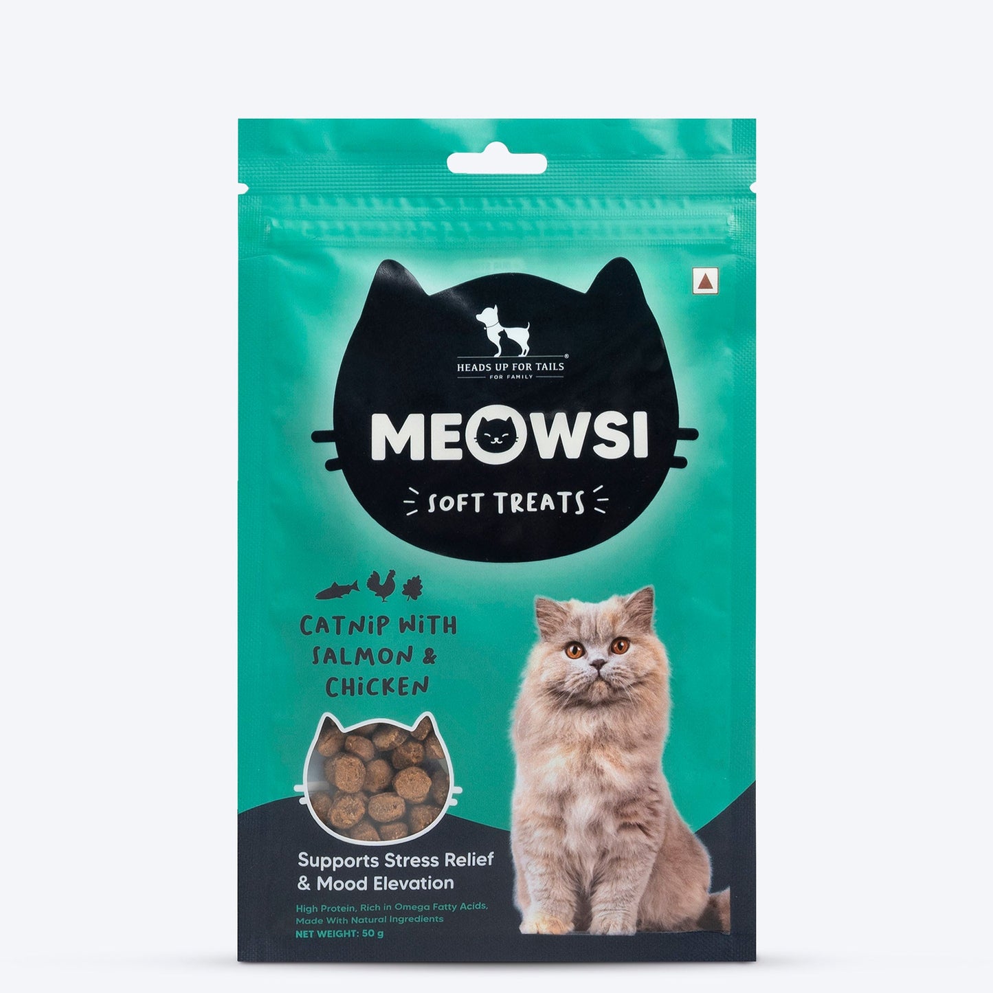 Meowsi by HUFT Catnip with Salmon & Chicken Soft Cat Treats, 50 gm, in a teal packaging with a cat graphic.