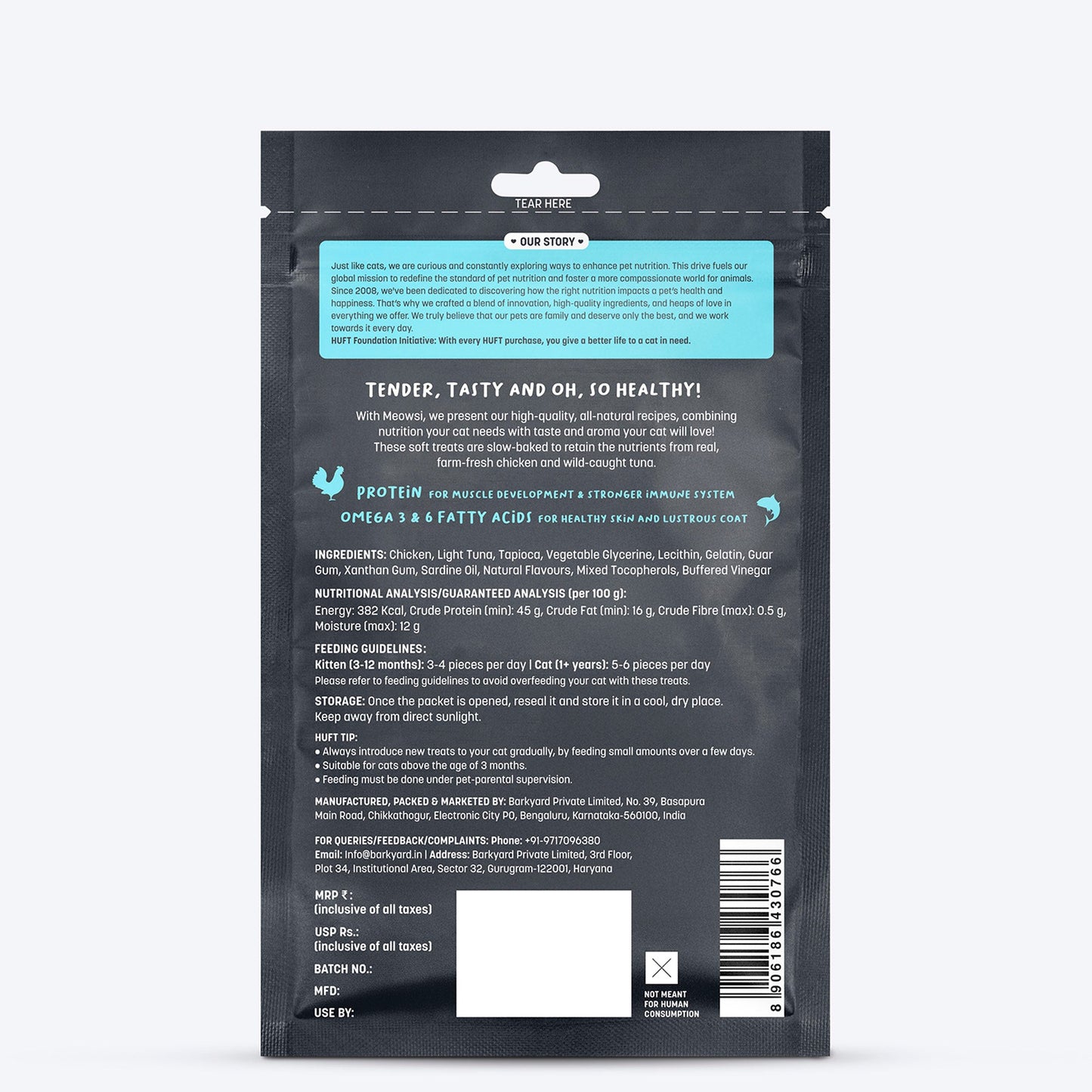 Meowsi by HUFT Light Tuna & Chicken Soft Cat Treats, 50 gm, supports healthy skin and coat with natural ingredients.